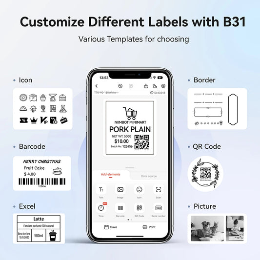Portable Barcode and QR Code Label Printer 50x80mm 2 Rolls