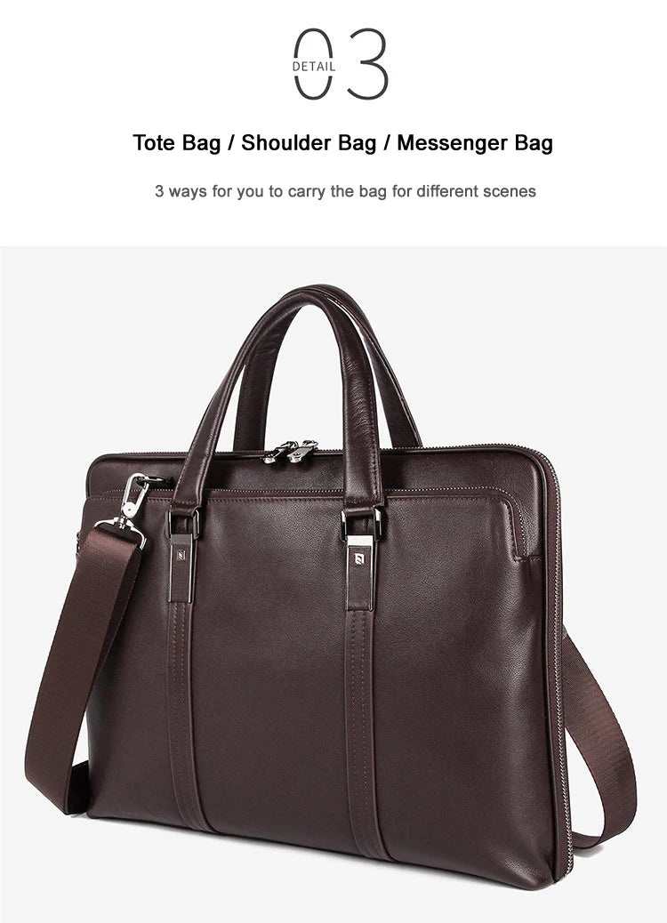 Premium Leather 15.6" Laptop Business Briefcase Coffee