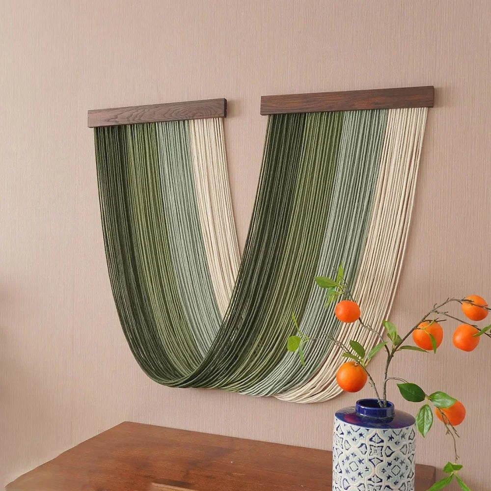 Green Boho Tassel Wall Tapestry Hand Woven Curtain Decor