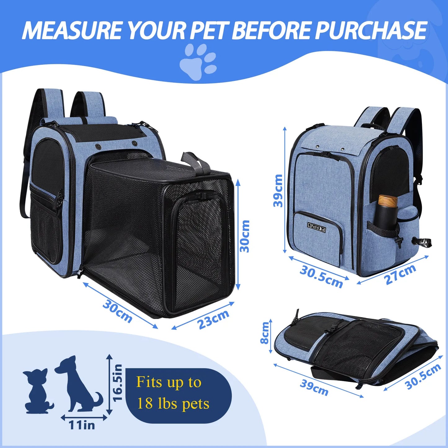 Foldable Pet Backpack Carrier for Cats & Small Medium Dogs