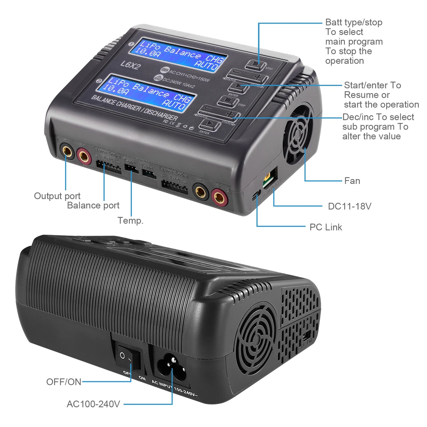 10A Lipo LiFe LiHV Battery Charger Dual Output