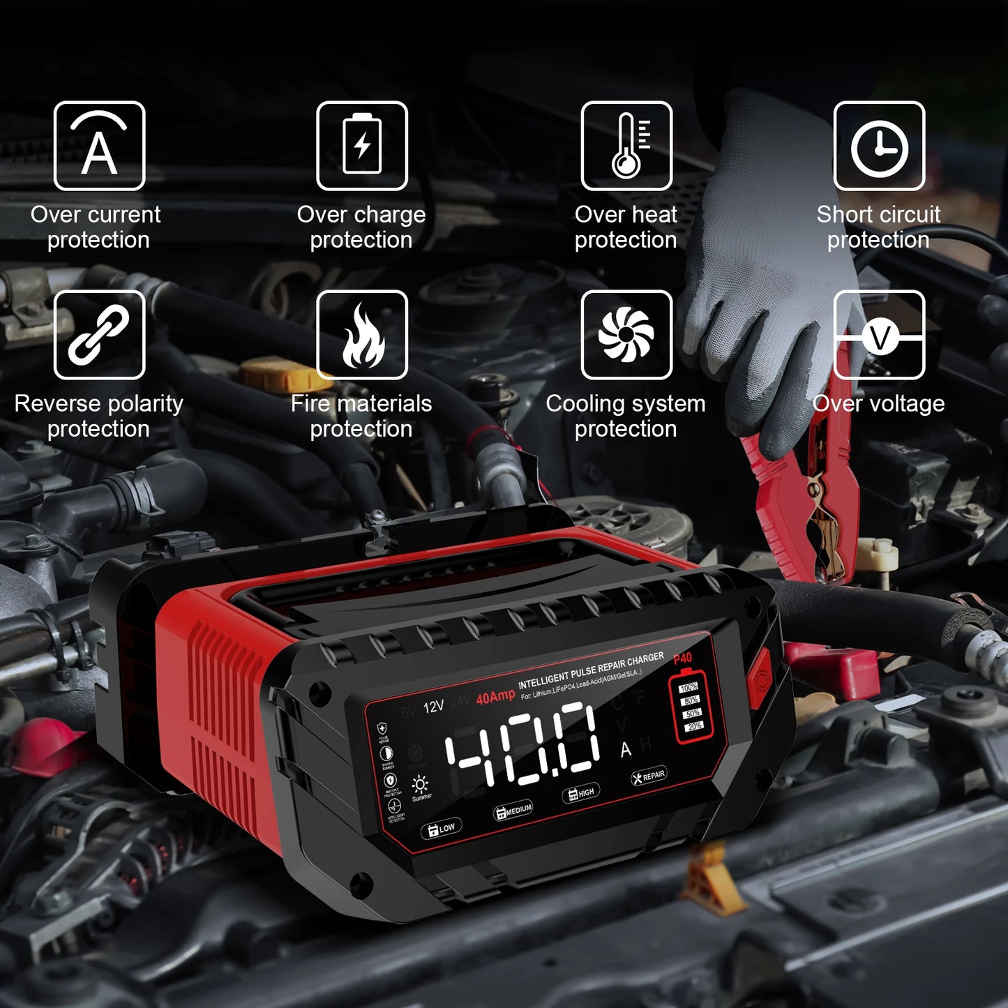 40A Smart Battery Charger for 6V 12V 24V Vehicles