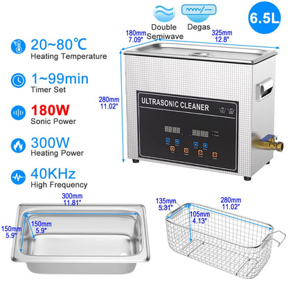 6.5L Ultrasonic Cleaning Machine 180W with Timer & Heater