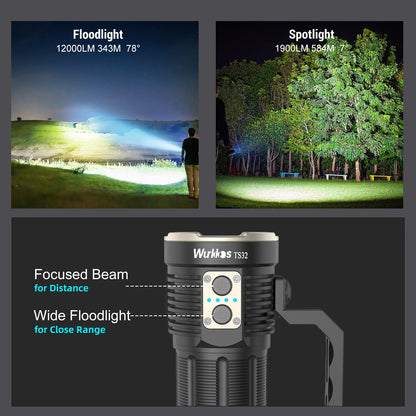 12000lm Rechargeable Flashlight 5000K Dual Switch