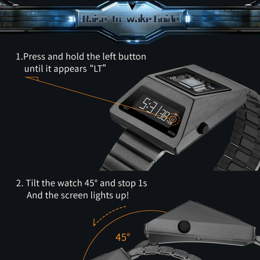 Grey Cyberpunk OLED Digital Watch Stainless Steel Band