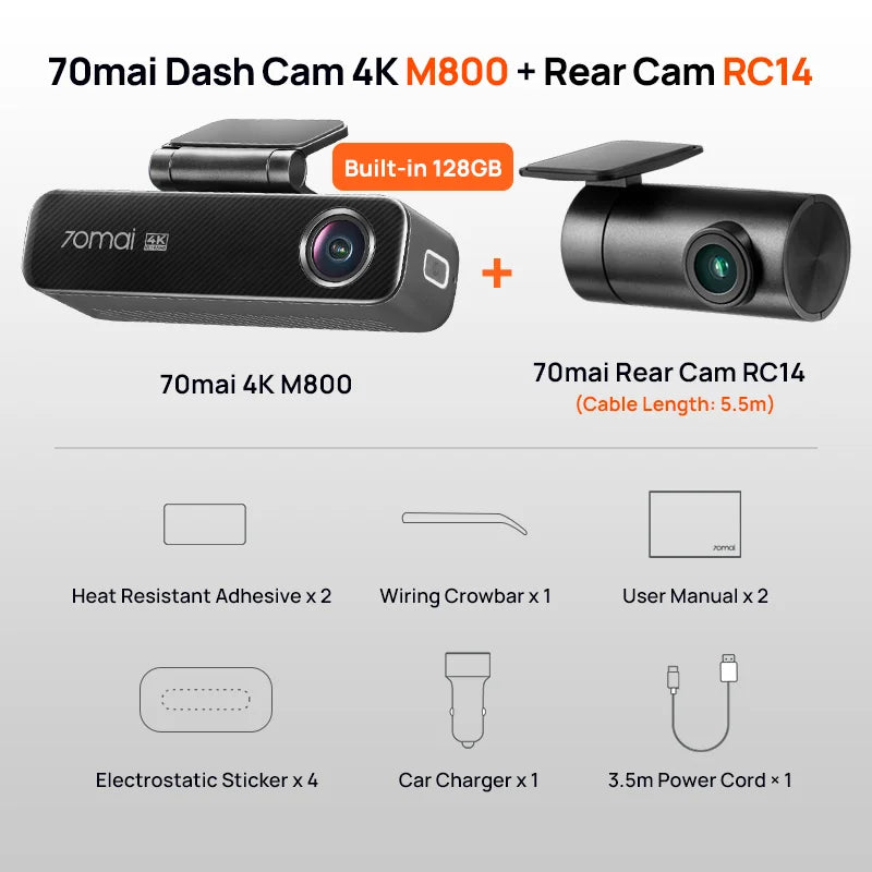 Front and Rear 4K Dash Cameras with 128GB