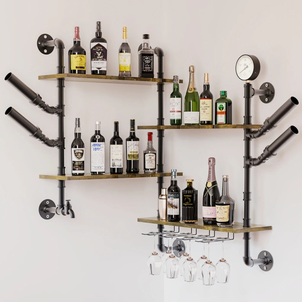 Pipe Bar Liquor Shelf with Wine Glass Holder