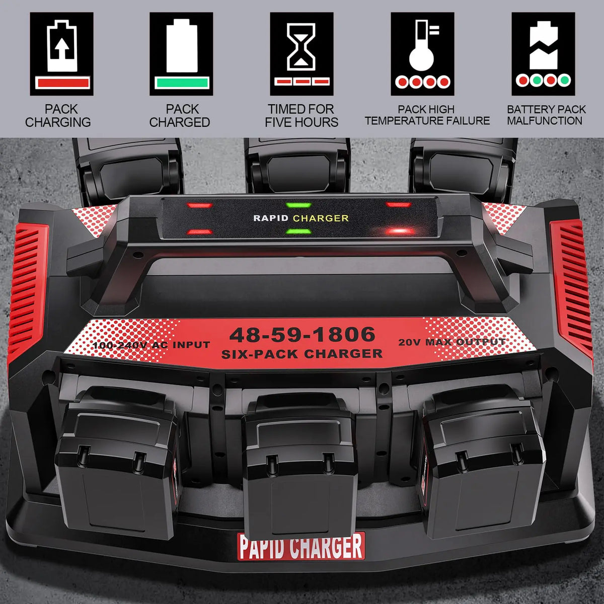 Simultaneous 6-Slot Quick Charger for Milwaukee M18 Batteries