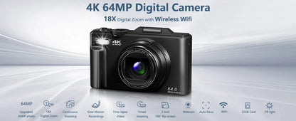 Compact 4K Camera Black 32GB WiFi Flip Screen