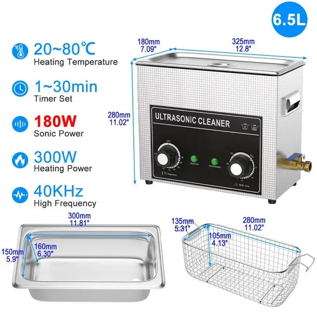 6.5L Ultrasonic Cleaner with 180W Power for Professional Use