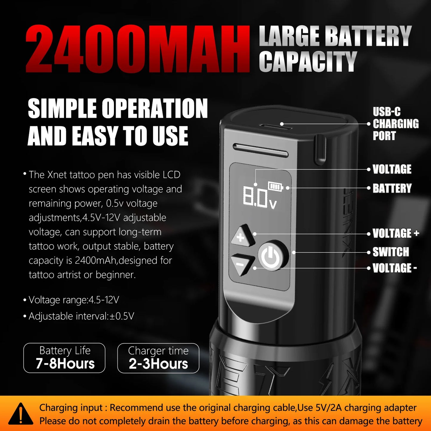 Wireless Tattoo Pen LCD Battery Adjustable 7 Stroke