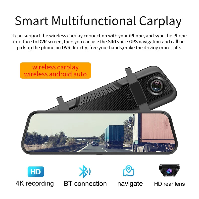 10 Inch 4K Mirror Dash Cam with Android Auto GPS