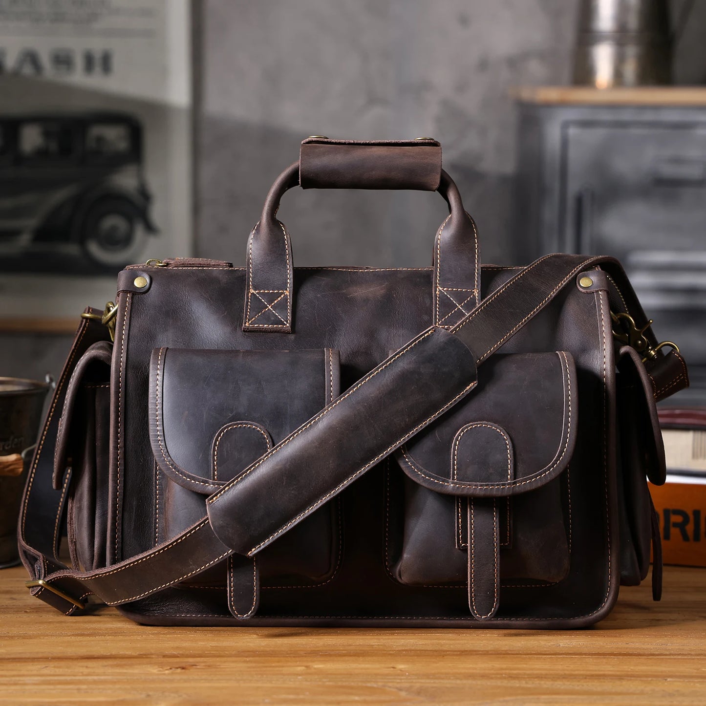 Vintage Cowhide Leather 15” Laptop Messenger Briefcase