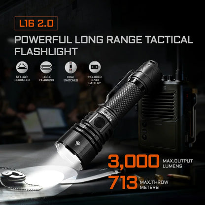3000LM Tactical Flashlight 713m Long Range Black 6500K