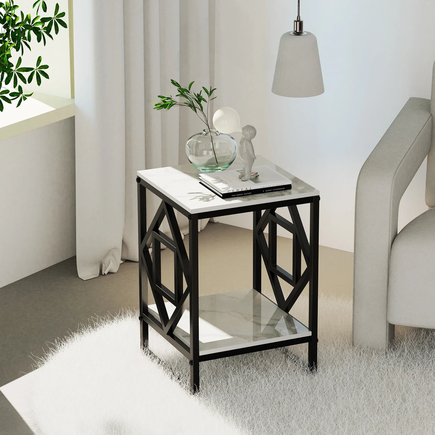 Modern White Marble Side Table with Durable Black Frame