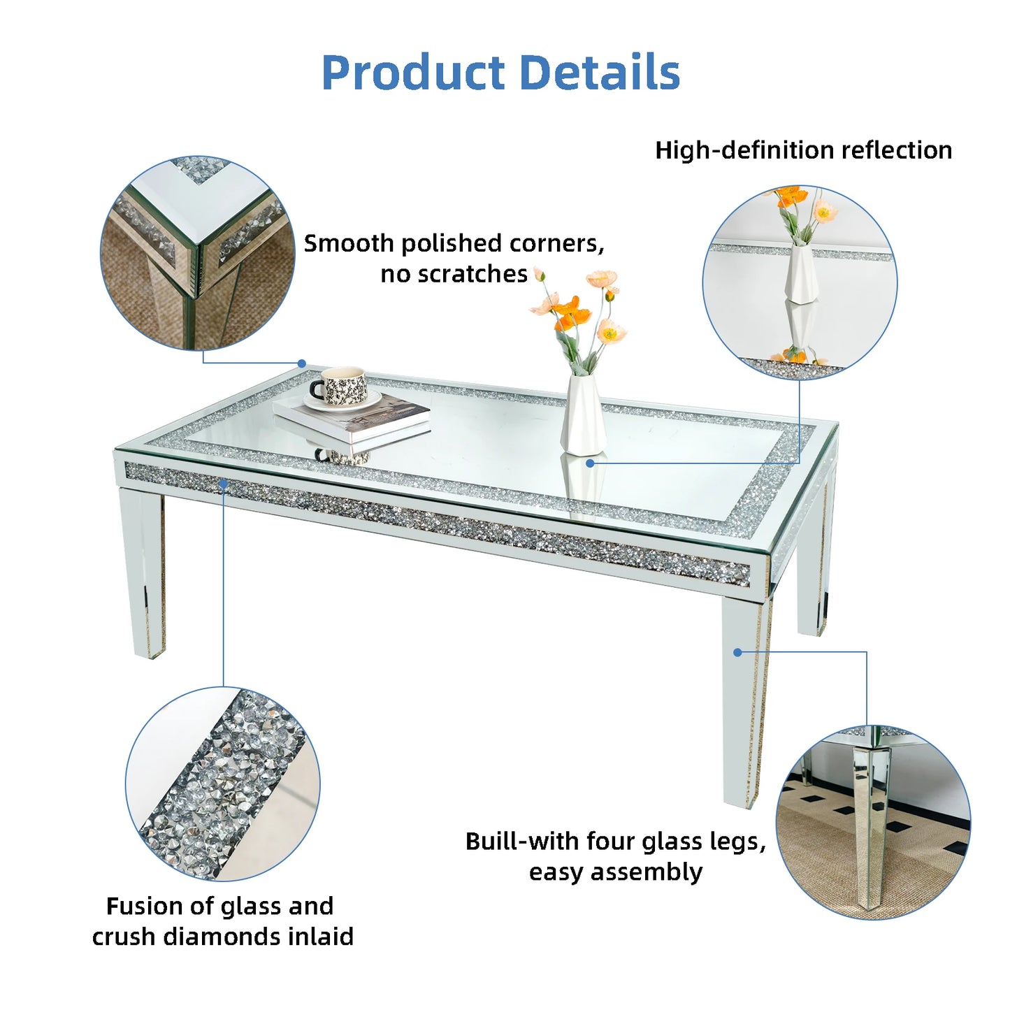 Modern Mirrored Coffee Table Crystal Inlay Silver Centre Table