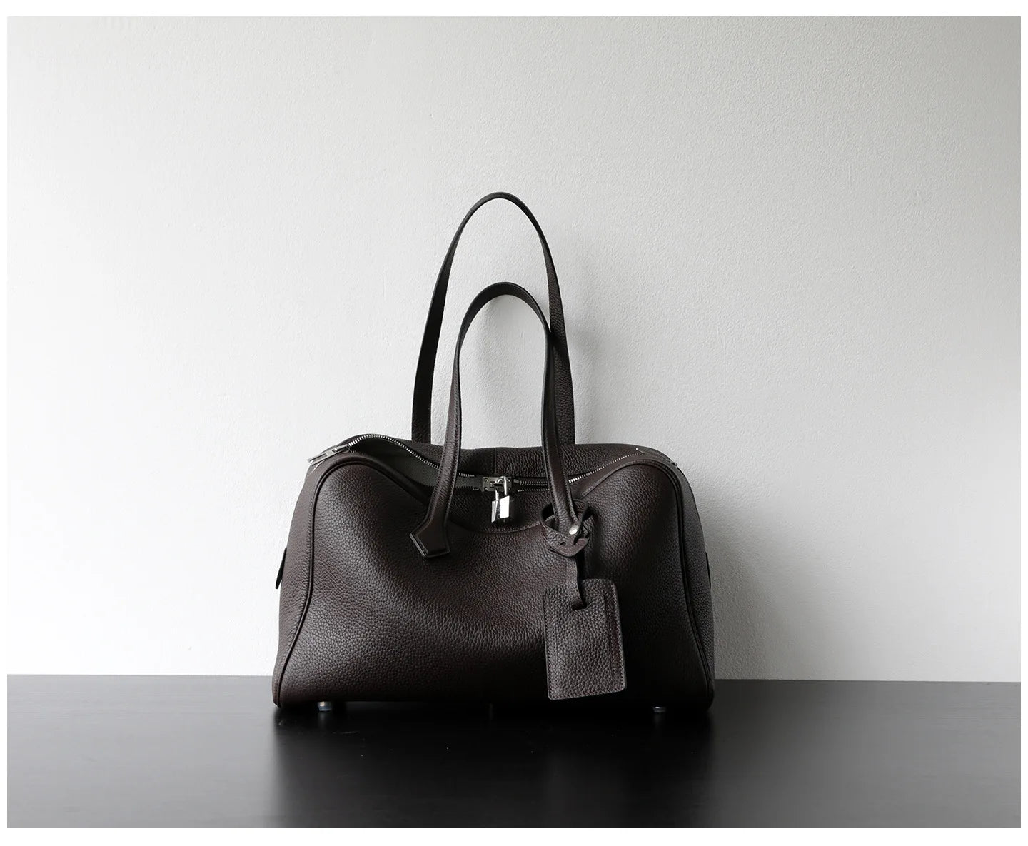 Luxury Cowhide Leather Bowling Bag Laptop Office Handbag Abnine