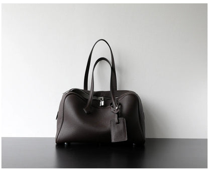 Luxury Cowhide Leather Bowling Bag Laptop Office Handbag Abnine