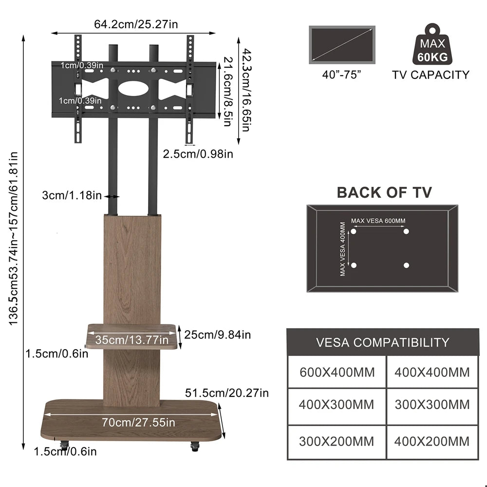 Heavy Duty Rolling TV Cart with Adjustable Shelf 40-75 Inches