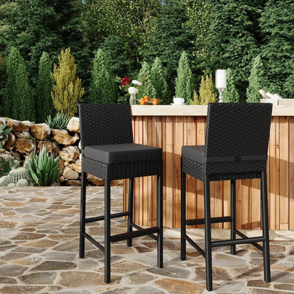 Dark Grey Outdoor Wicker Bar Stools Set with Cushions