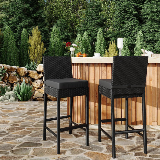 Dark Grey Outdoor Wicker Bar Stools Set with Cushions