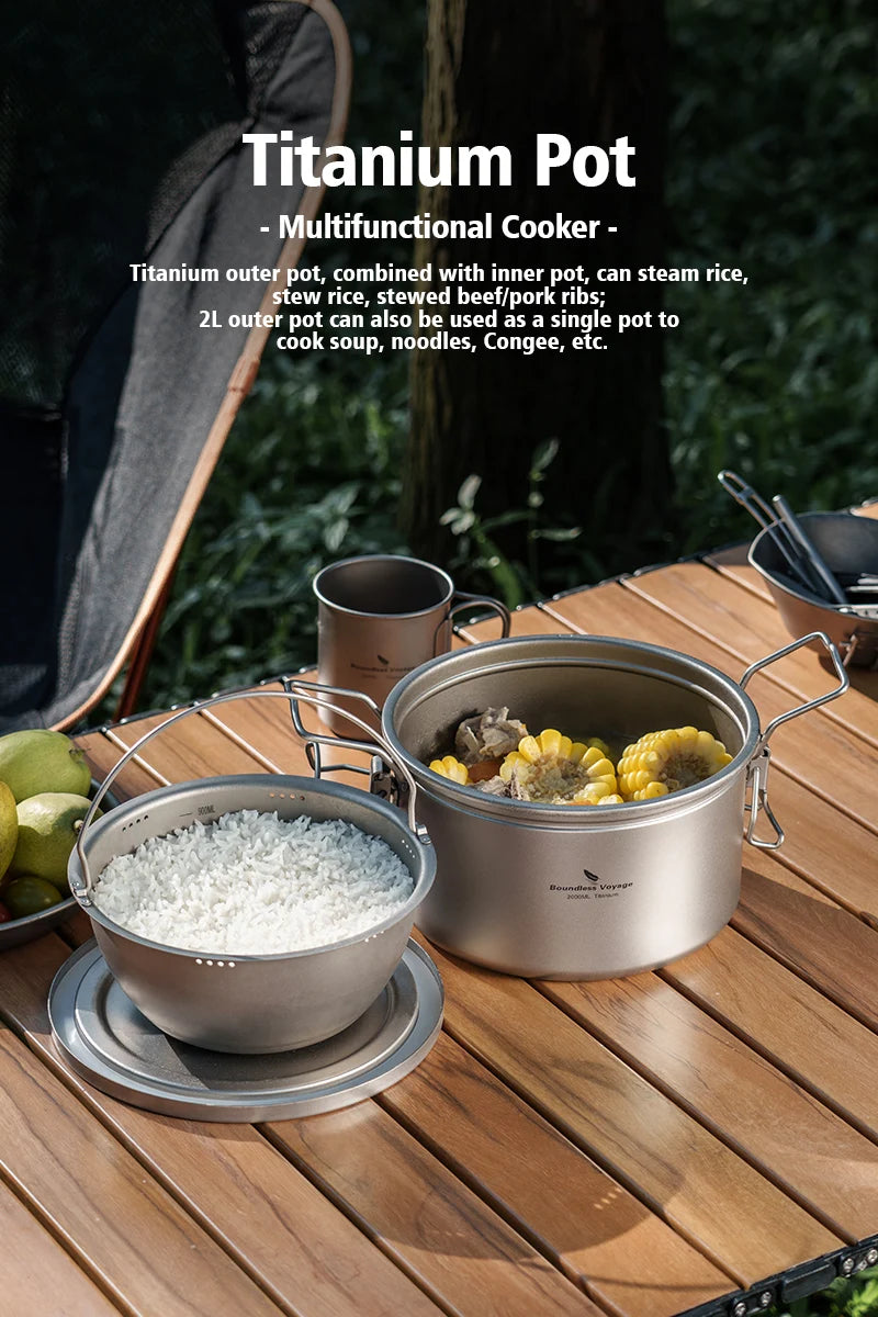 Portable Titanium Camping Pot 2L Rice Soup Cooker