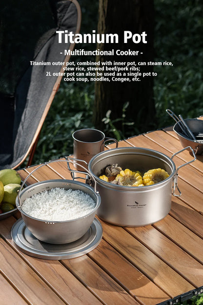 Portable Titanium Camping Pot 2L Rice Soup Cooker