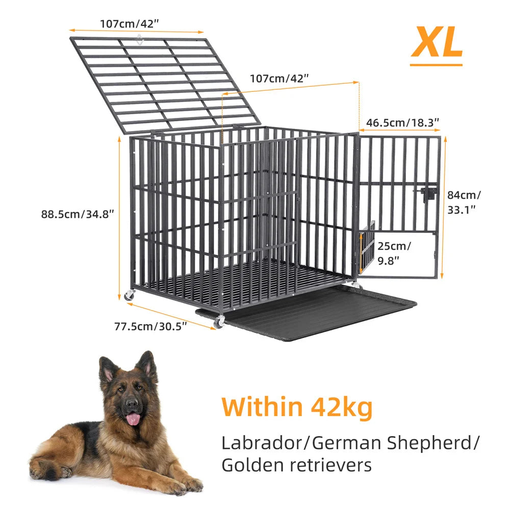 XL Pet Kennel Cage with Slide-Out Tray and Wheels