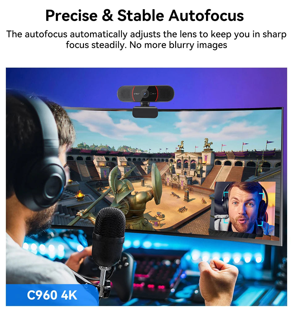 4K Streaming USB Webcam with Autofocus and Dual Microphones