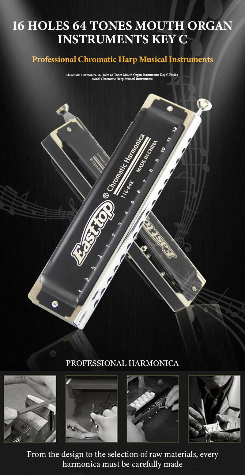 Professional 16-Hole Chromatic Harmonica 64 Tones C Key
