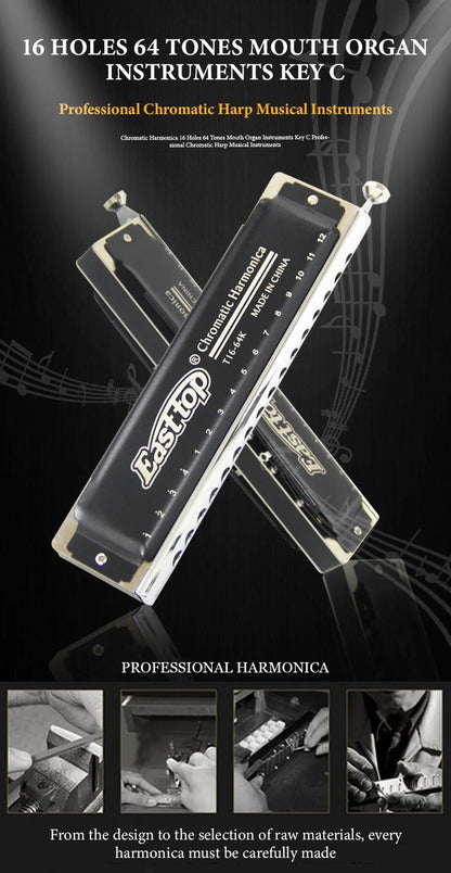 Professional 16-Hole Chromatic Harmonica 64 Tones C Key