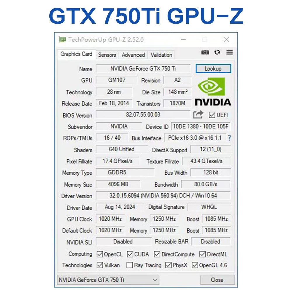 GTX 750Ti 8GB GDDR5 Gaming Graphics Card