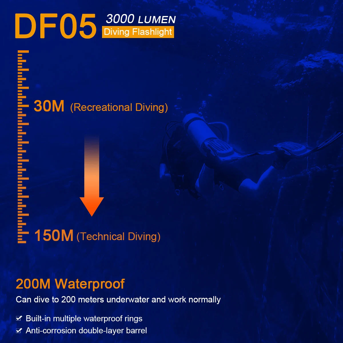 Scuba LED Torch 150m Waterproof 2M Line