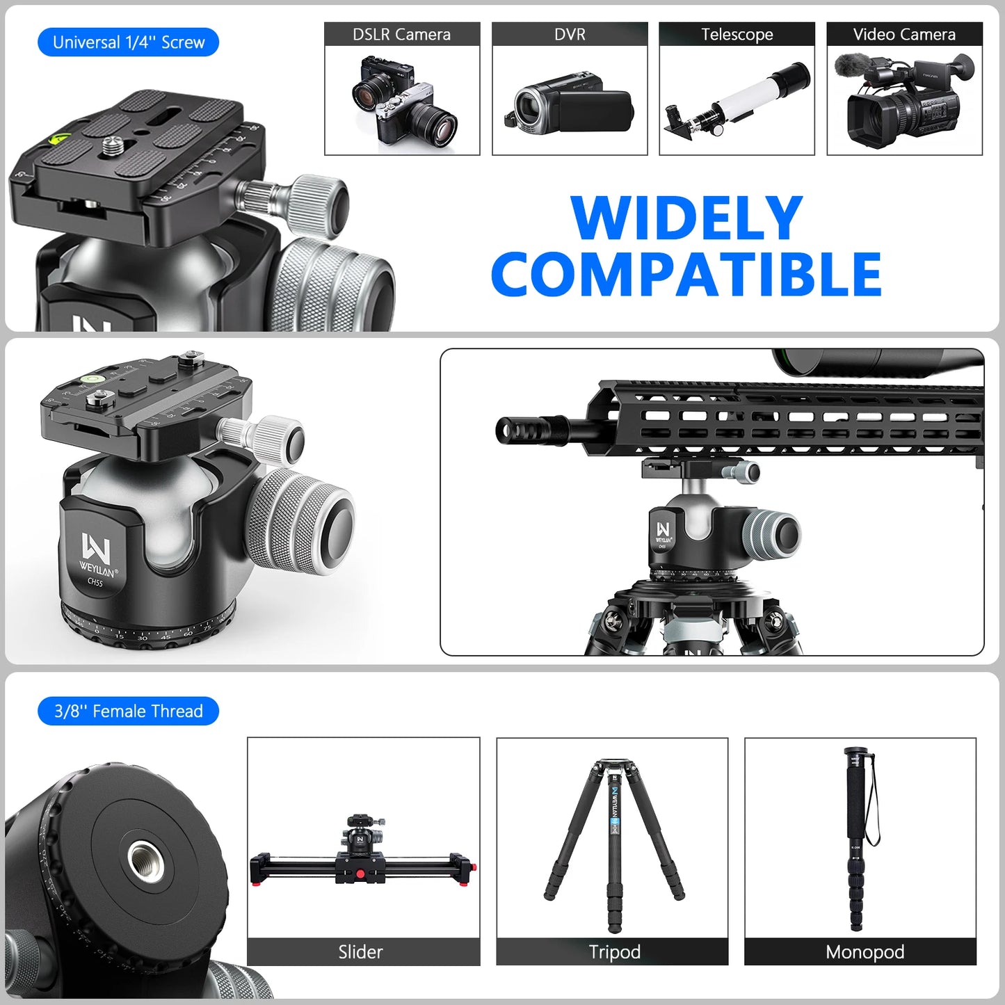 55mm MLOK Tripod Ball Head 360 Degree Heavy Duty Mount