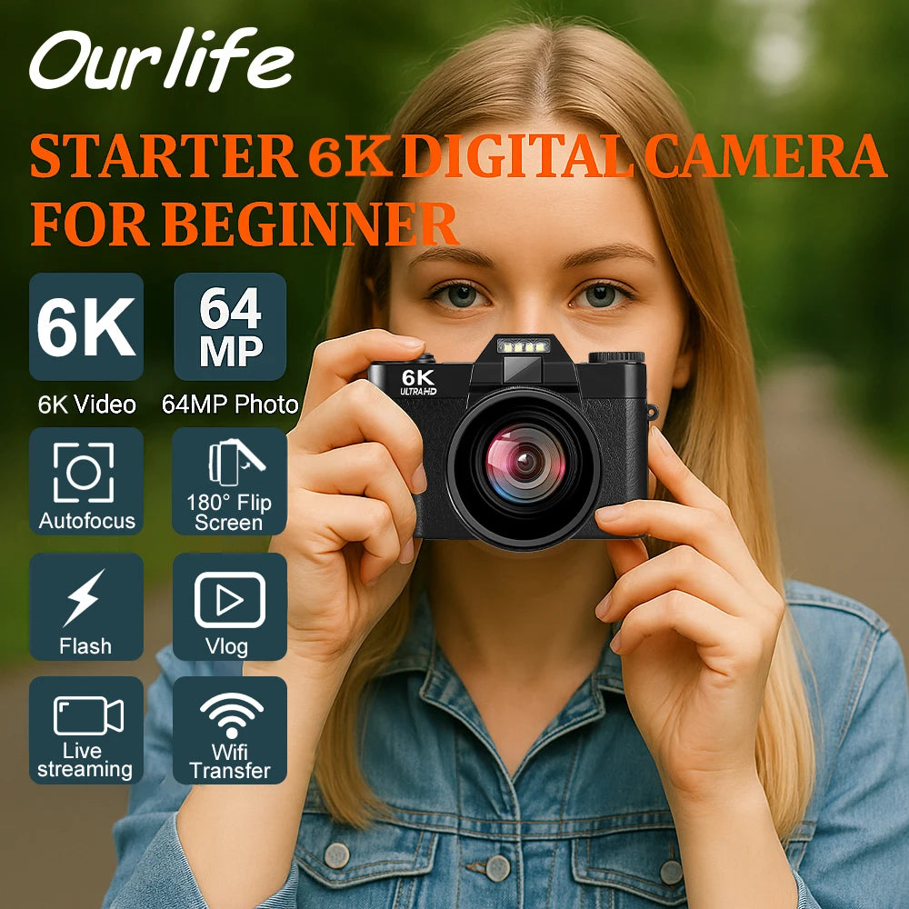 6K Compact Digital Camera with 64GB and Dual Lens