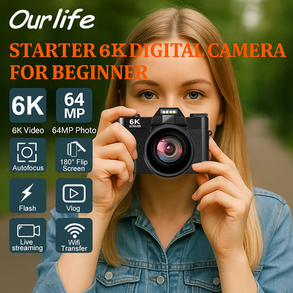 6K Compact Digital Camera with 64GB and Dual Lens