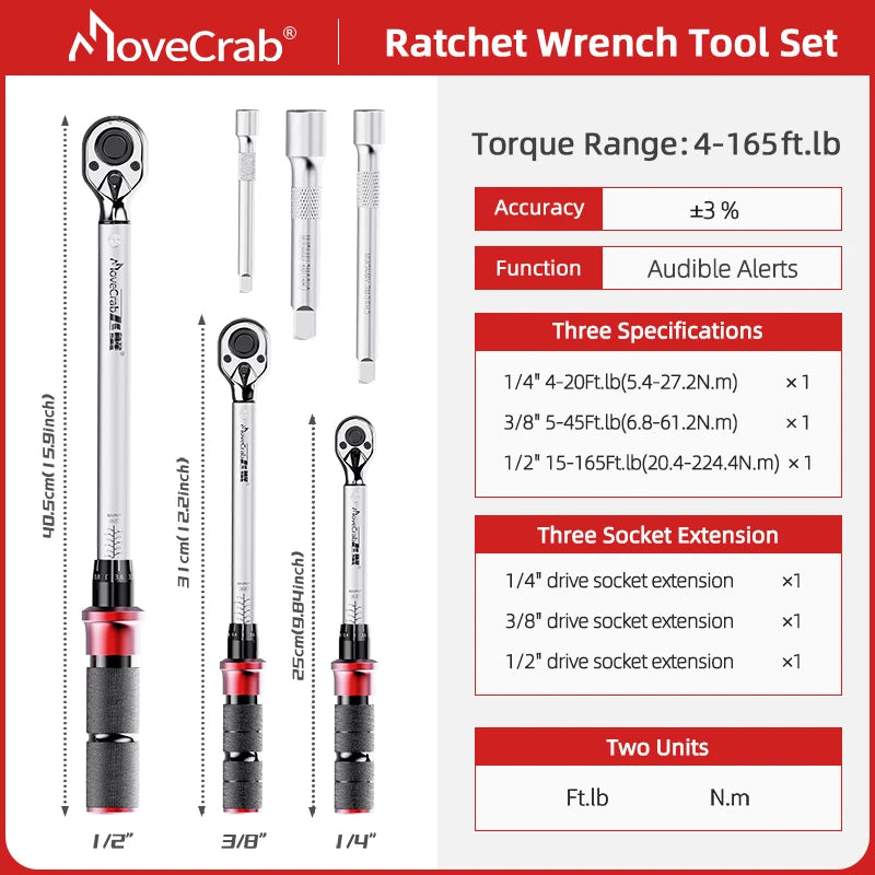 Adjustable Torque Wrench Kit 4-165 Ft.lb for Vehicles