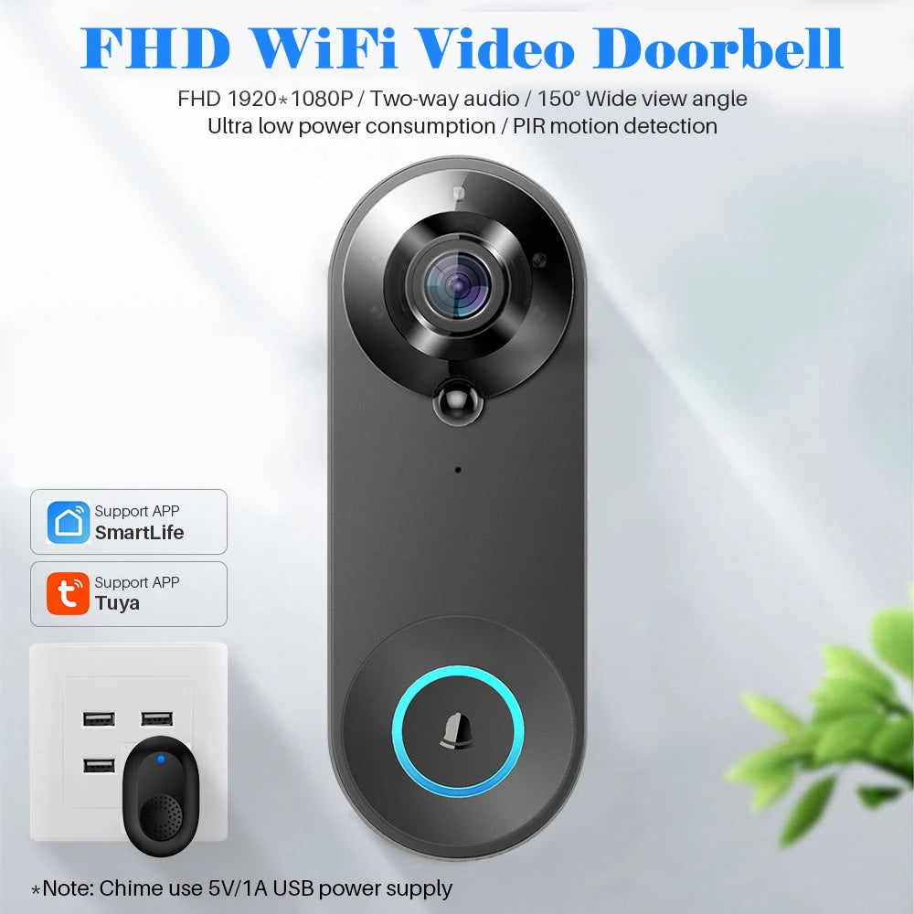 Wireless 1080P Black Doorbell Camera with 64GB Storage