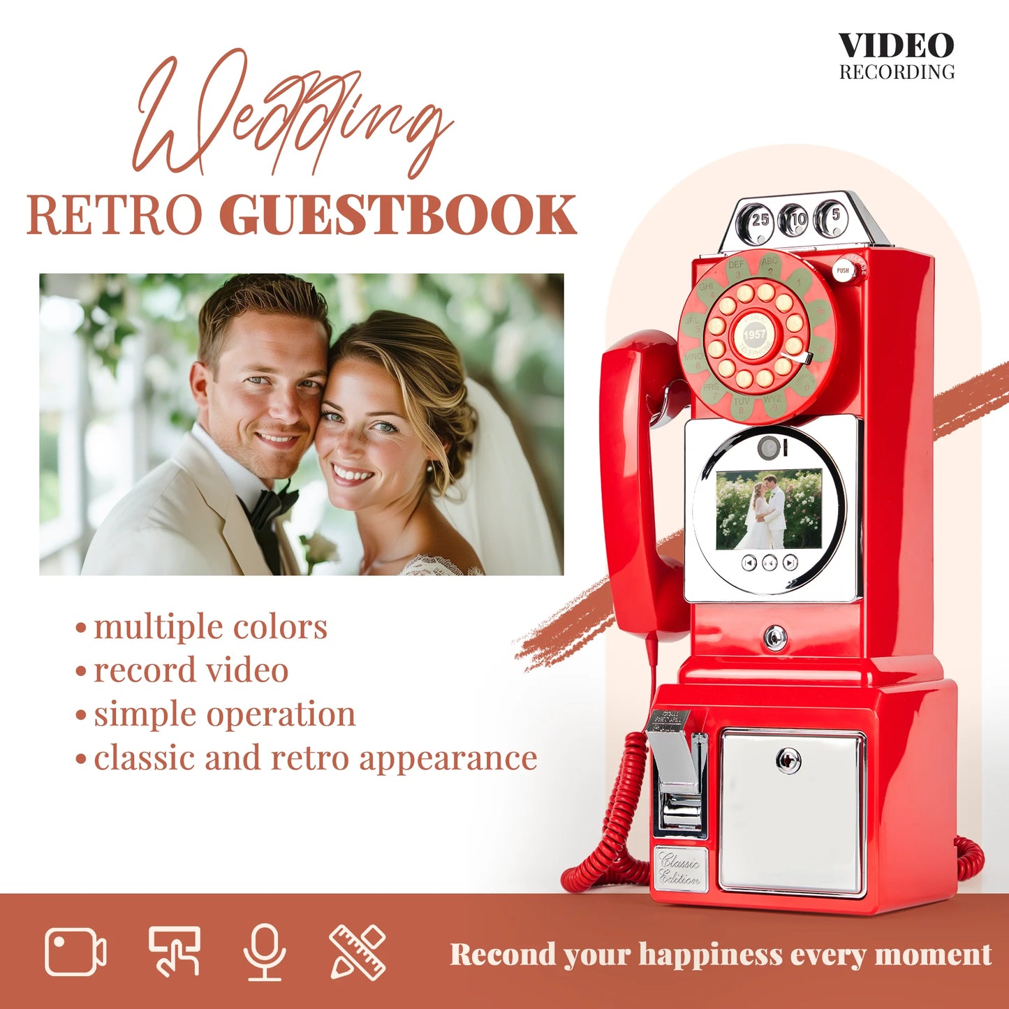 Red Retro Video Guestbook Phone with Audio Recording