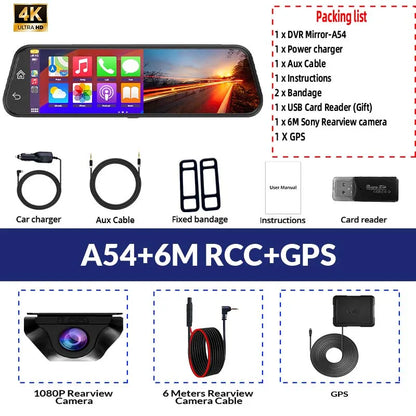 10 Inch 4K Mirror Dash Cam with Android Auto GPS