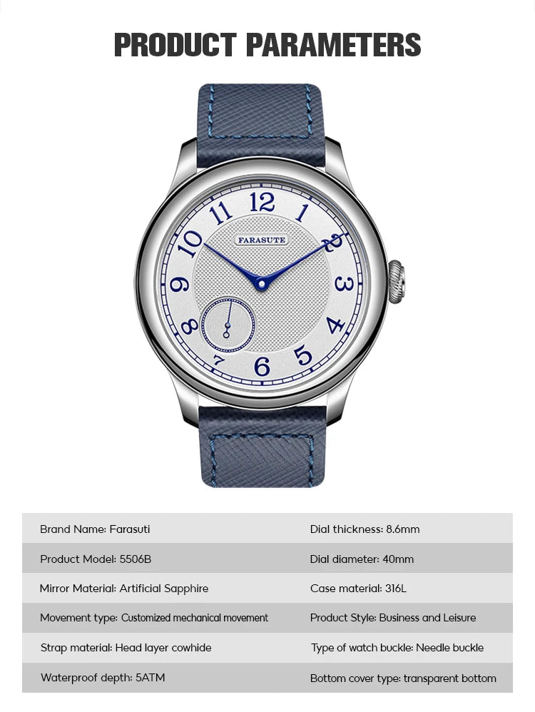 Blue Manual Mechanical Vintage Watch  Small Seconds