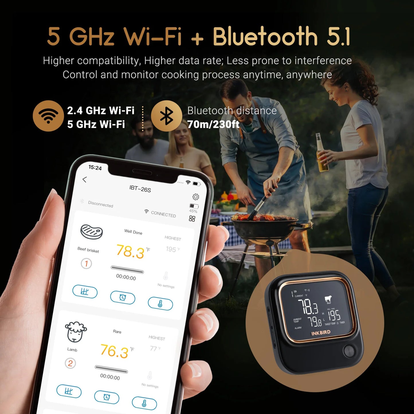 WiFi Bluetooth BBQ Thermometer 4 Probes with App