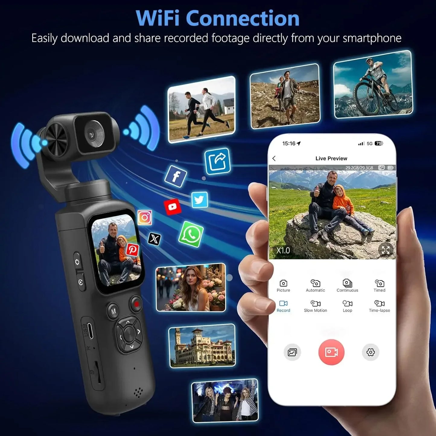 4K Action Camera 64MP Face Tracking Gimbal Stabilizer