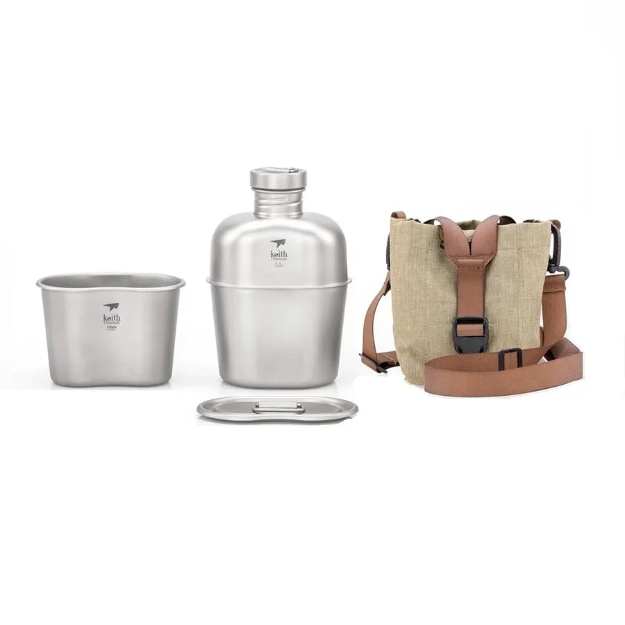 Titanium Camping Mess Kit with Water Bottle Ultralight Outdoor Set