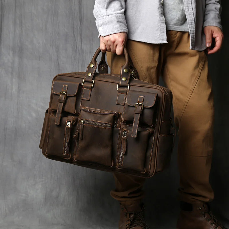 Dark Brown Retro Leather Travel and Work Briefcase