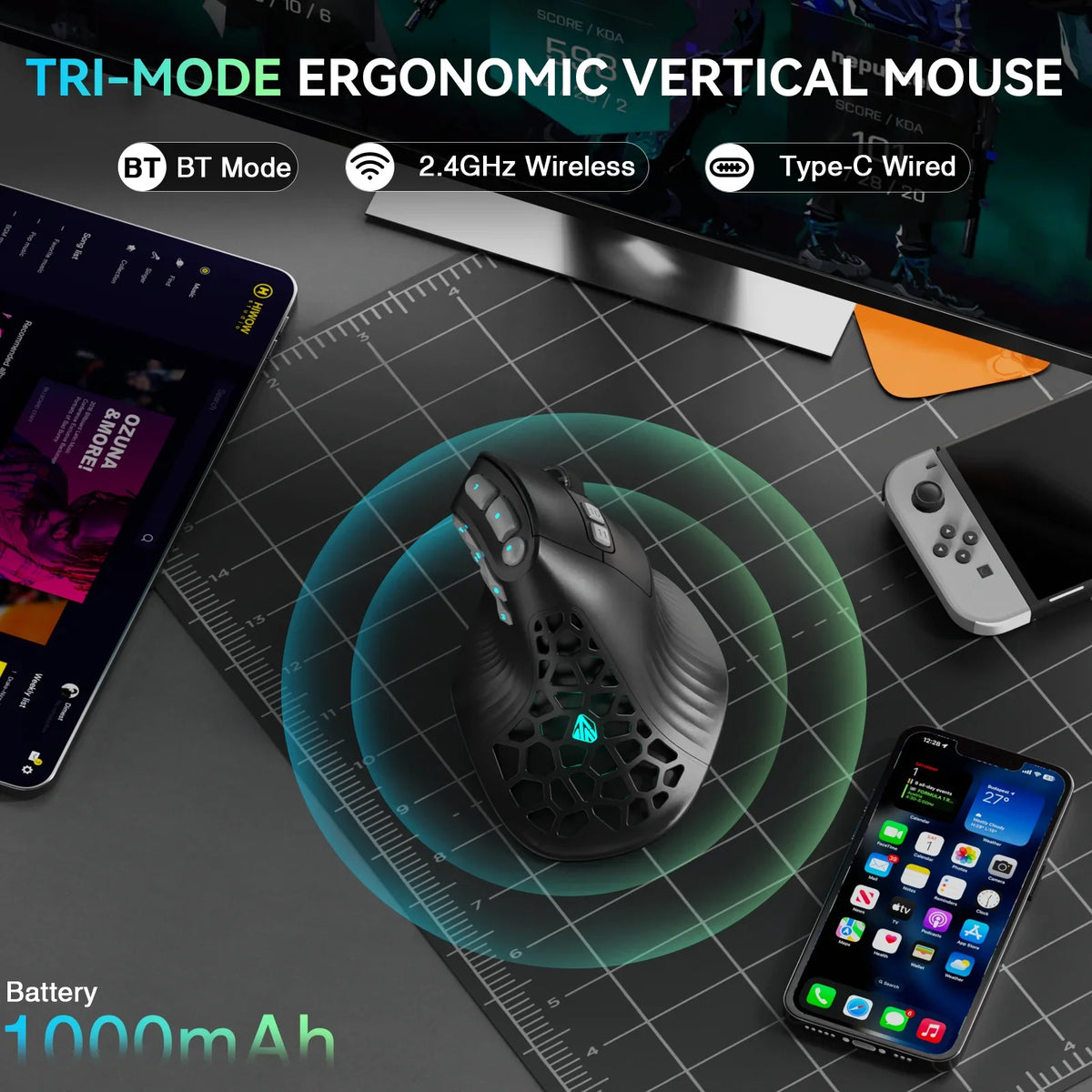 8K Ergonomic Vertical Gaming Mouse 45 Degree Grip 1000mAh
