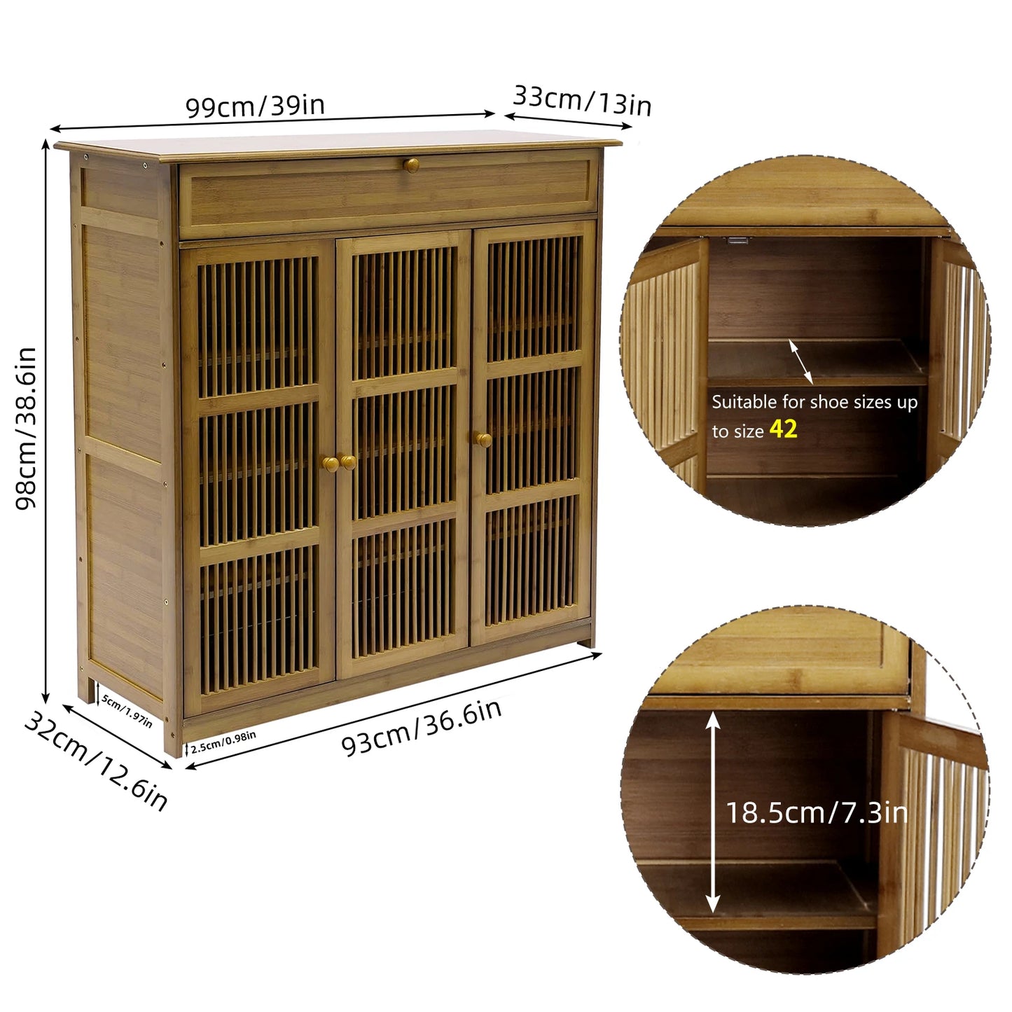 Slim Bamboo Shoe Rack Cabinet with Three Hollow Doors