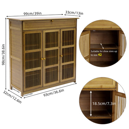 Slim Bamboo Shoe Rack Cabinet with Three Hollow Doors