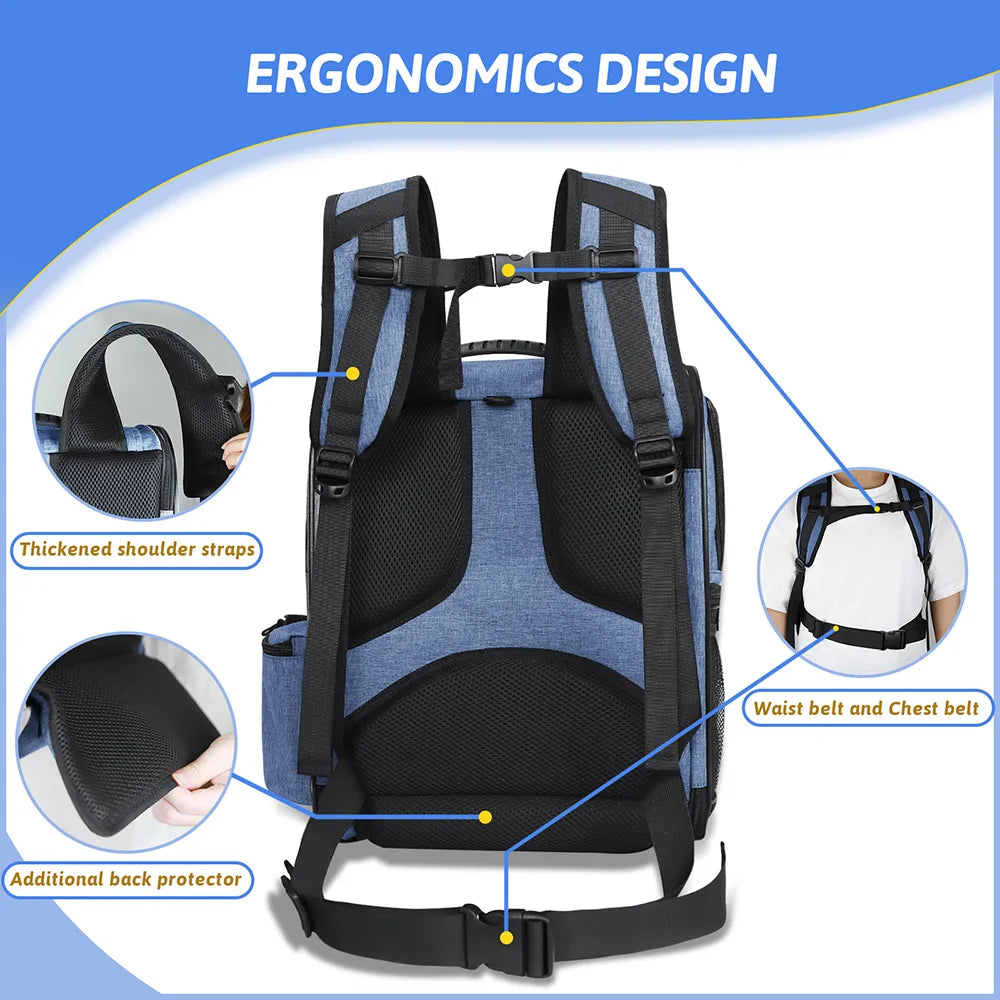 Pet Carrier Bag Foldable Double Shoulder Travel Backpack Blue
