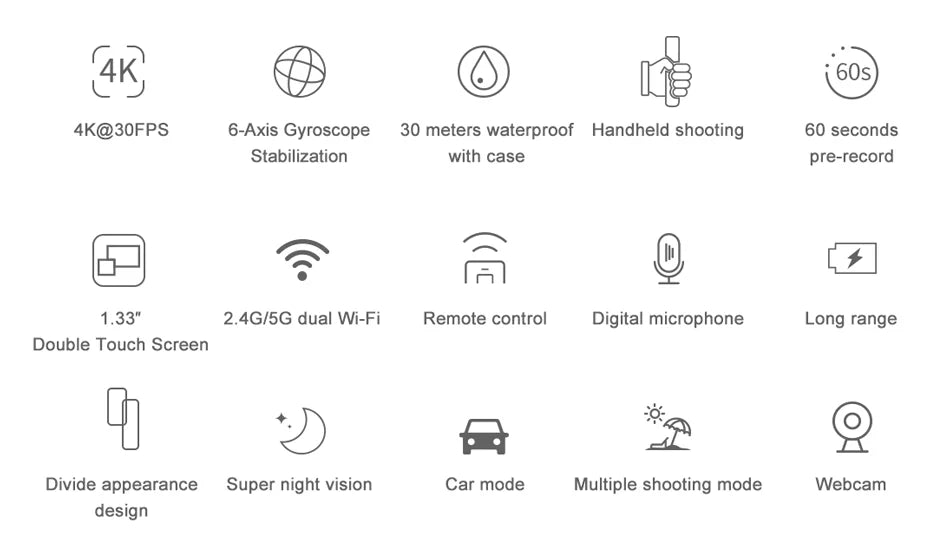 Sports Camera 4K 30FPS with Gyro Image Stabilization